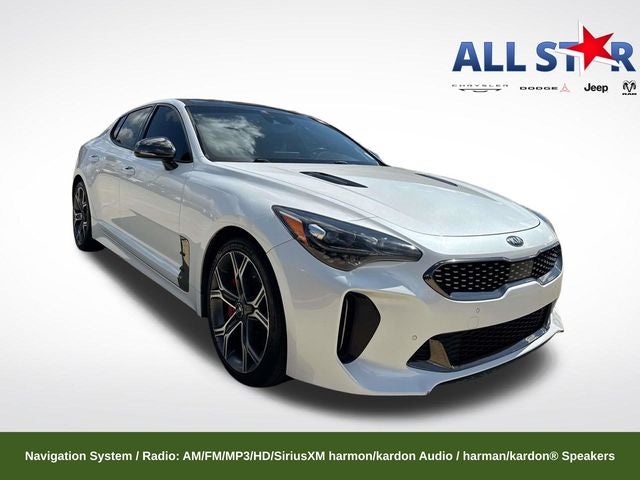 2019 Kia Stinger GT1 in Snow White Pearl — front three-quarter view